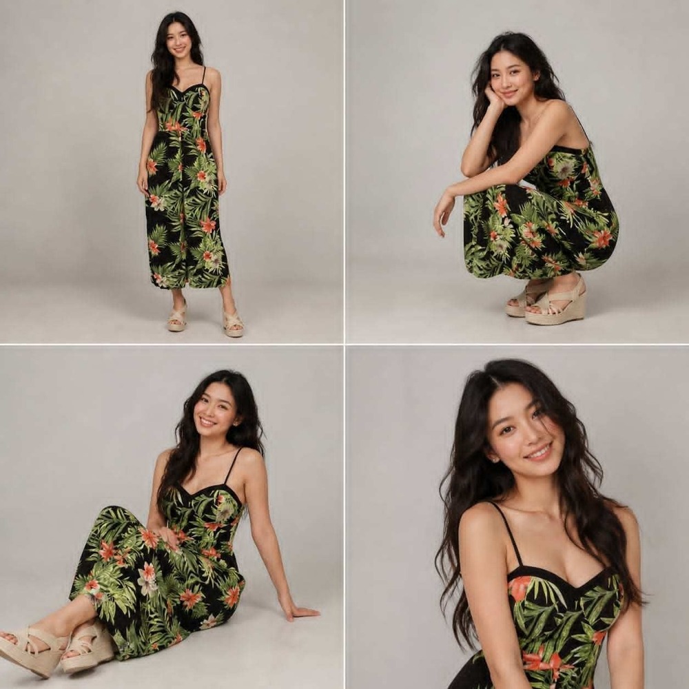 Xhilaration Womens Tropical Floral Jumpsuit Black Green Medium Wide Leg Smock